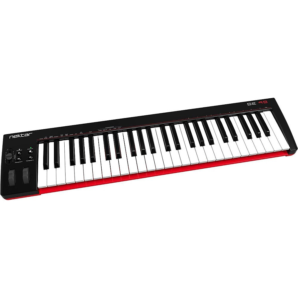 Nektar SE49 midi keyboard with 49 keys, pitch bend and modulation wheels, compact digital piano for music production and practice.