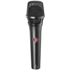 Black Neumann KMS 105 condenser microphone with a sleek design, ideal for professional vocal and instrument recording.