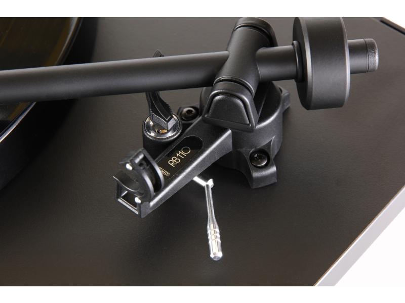 Rega Planar 1 Plus turntable with sleek design and tonearm, featuring a black finish and platter for high-quality vinyl playback.