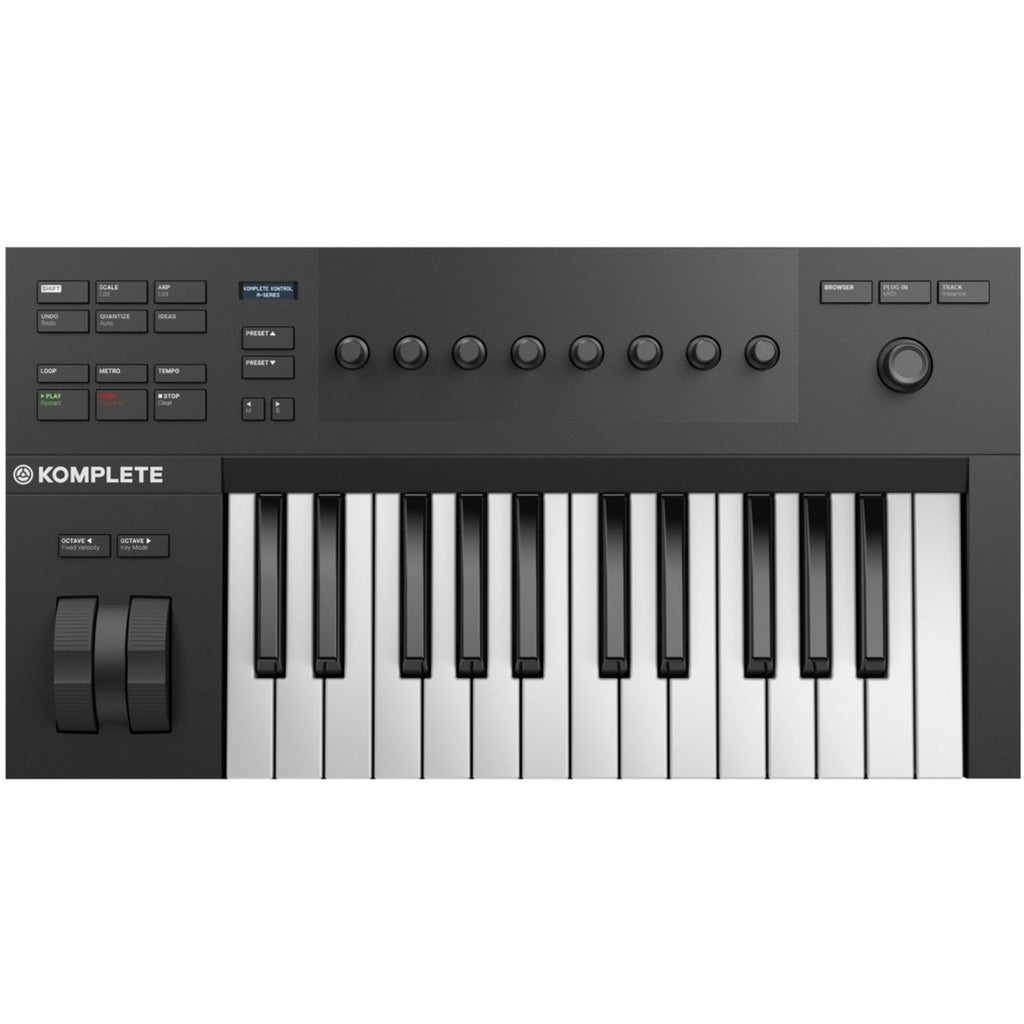 Native Instruments Komplete Kontrol A25 MIDI keyboard with black keys, control knobs, and compact design for music production.