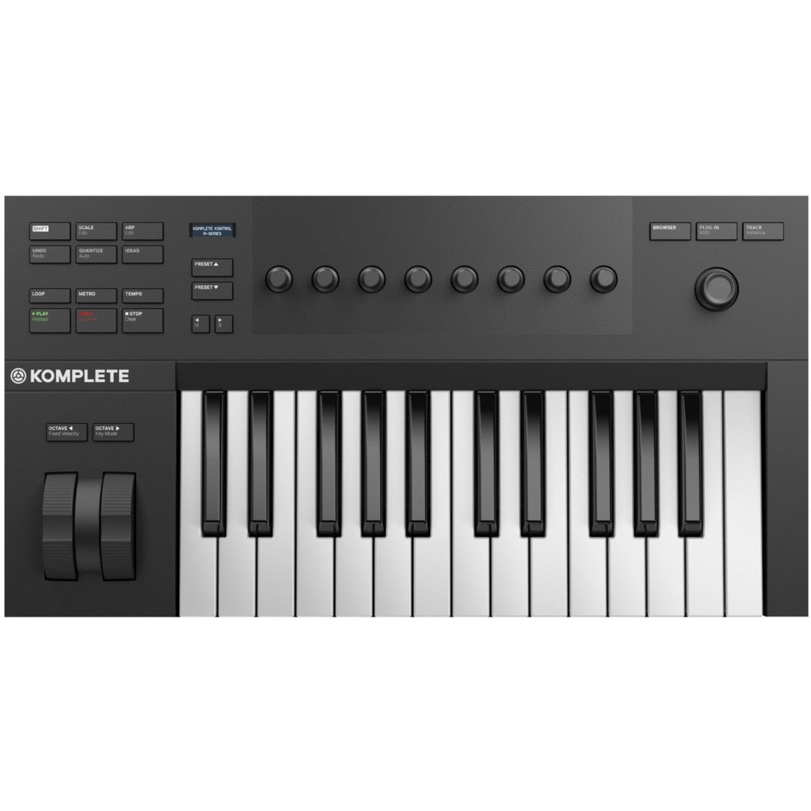 Native Instruments Komplete Kontrol A25 MIDI keyboard with black keys, control knobs, and compact design for music production.