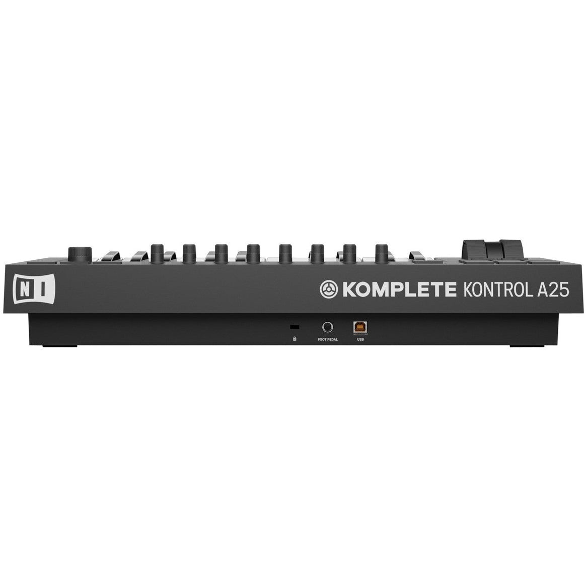 Native Instruments Komplete Kontrol A25 MIDI keyboard with black keys and control knobs, compact and portable design.