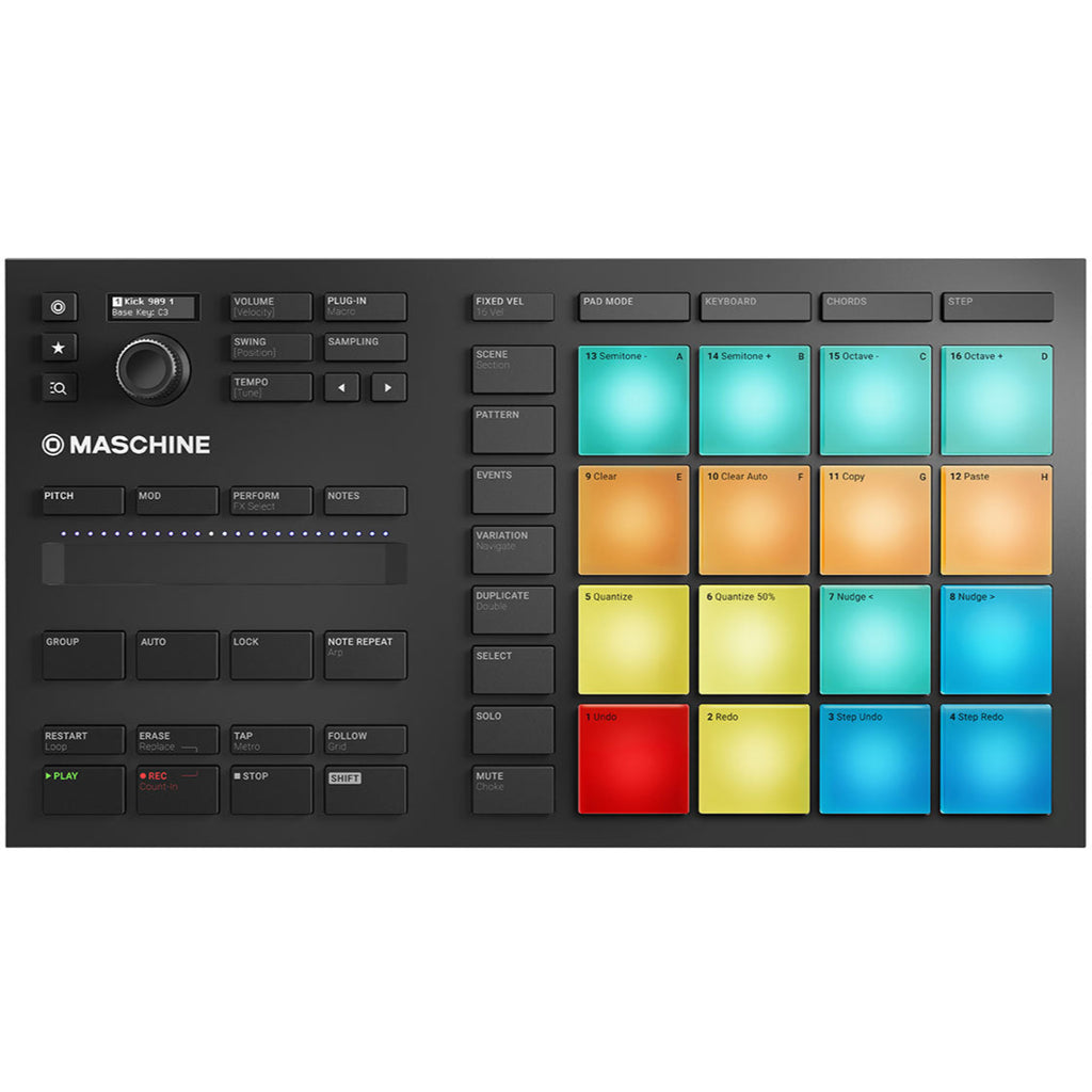 Native Instruments Maschine Mikro MK3 MIDI controller with colorful pads and control knobs on a sleek black surface.