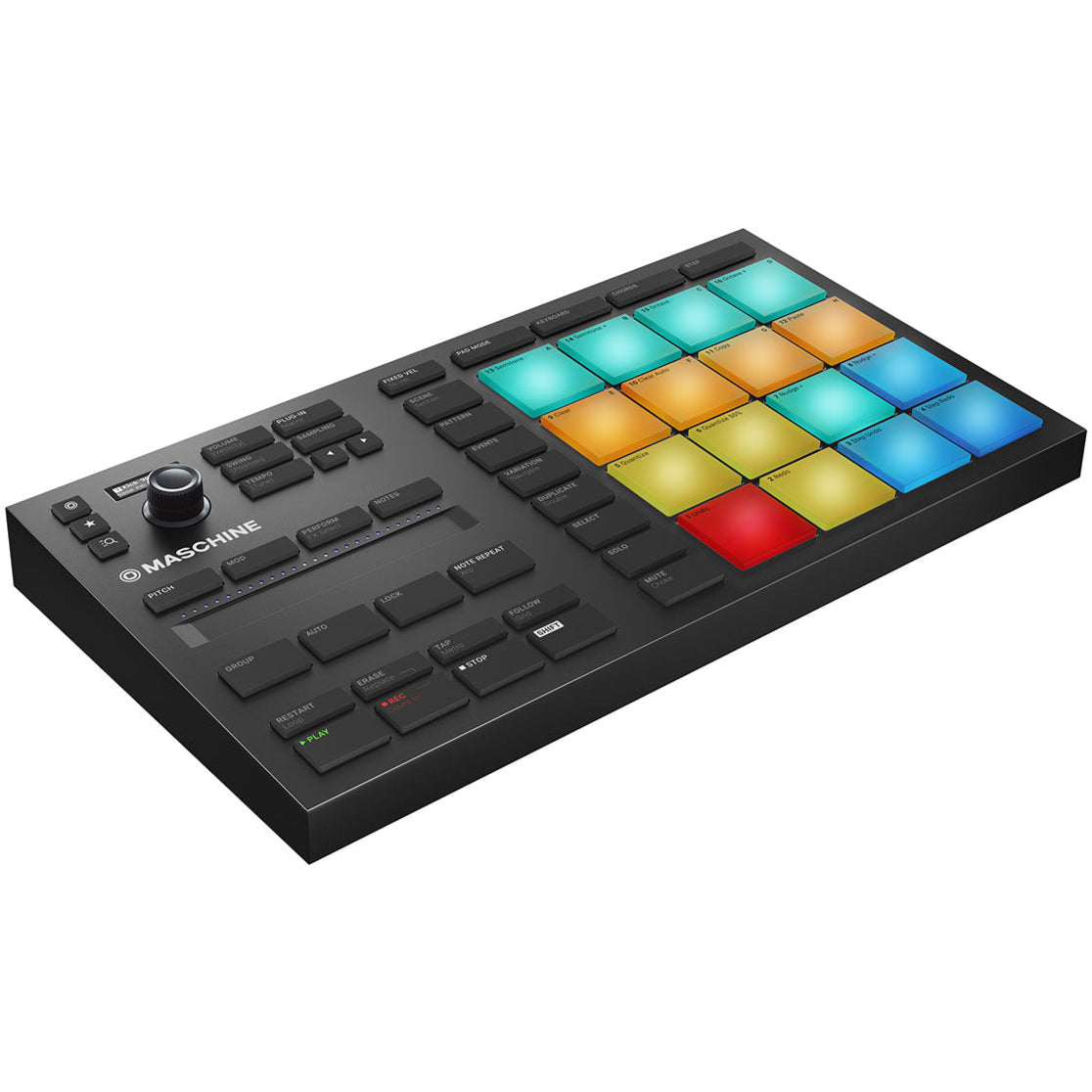 Native Instruments Maschine Mikro MK3 MIDI controller with colorful pad buttons and sleek black design.