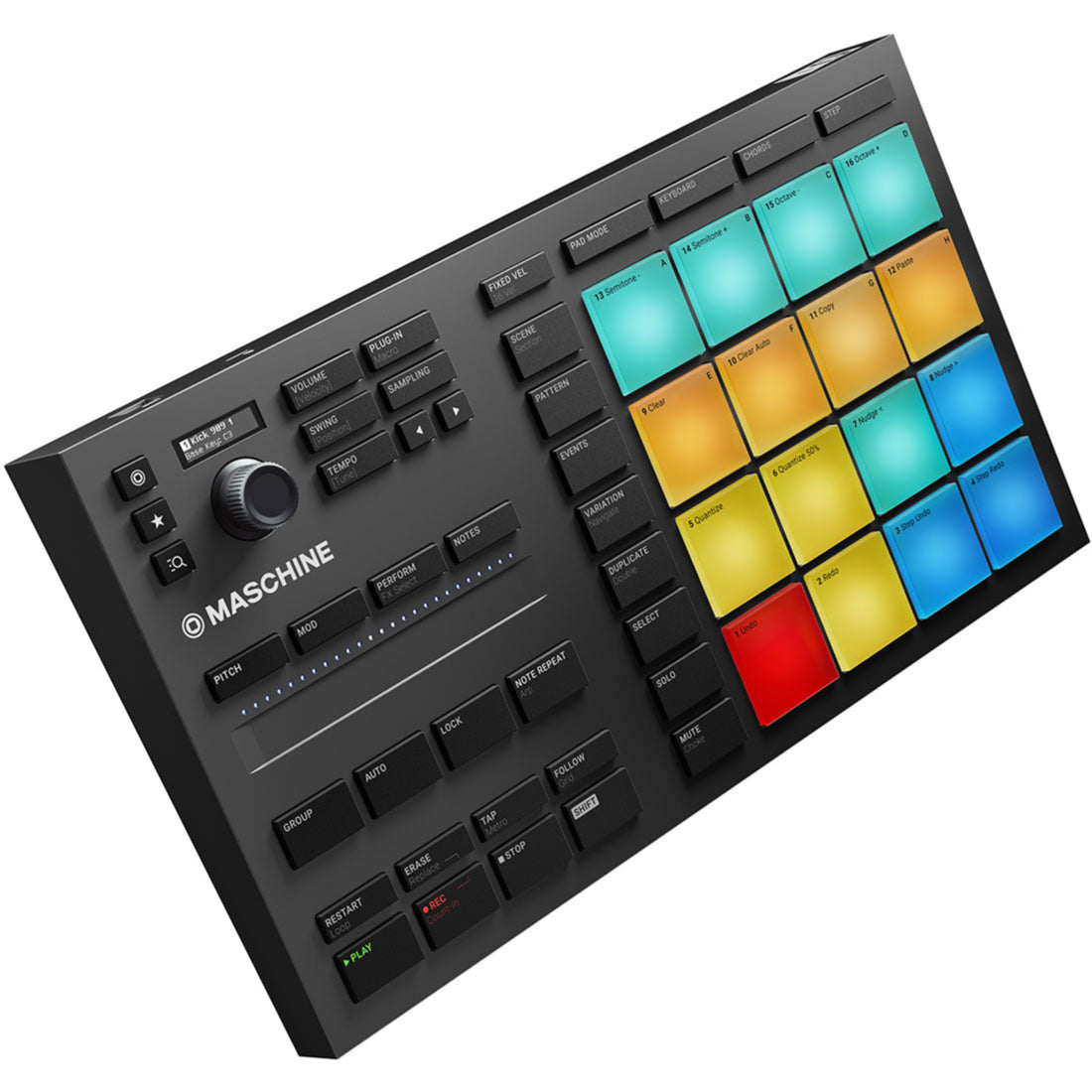 Native Instruments Maschine Mikro MK3 MIDI controller with colorful pads and knobs for music production and beat making.