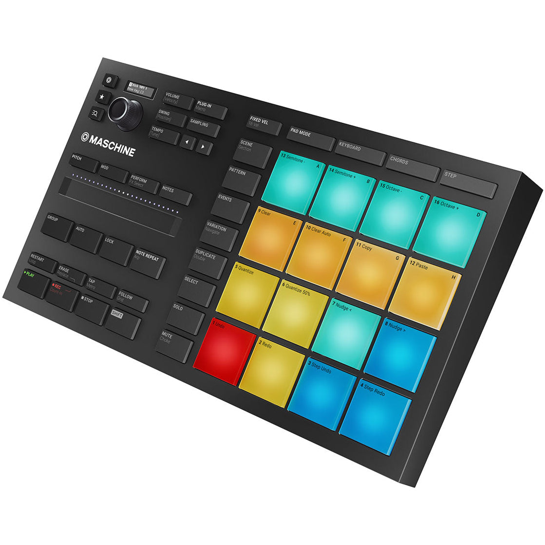 Native Instruments Maschine Mikro MK3 MIDI controller with grid of colorful pads and control knobs for music production.