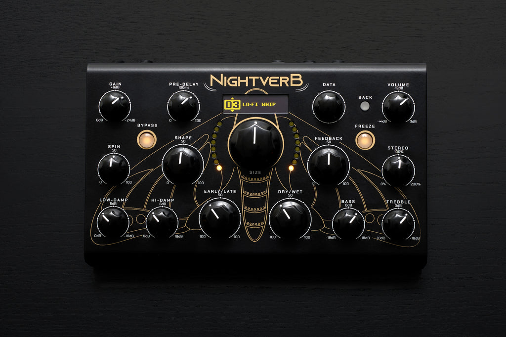 Erica Synths Nightverb effects pedal with control knobs and input/output jacks, used for guitar and audio processing.