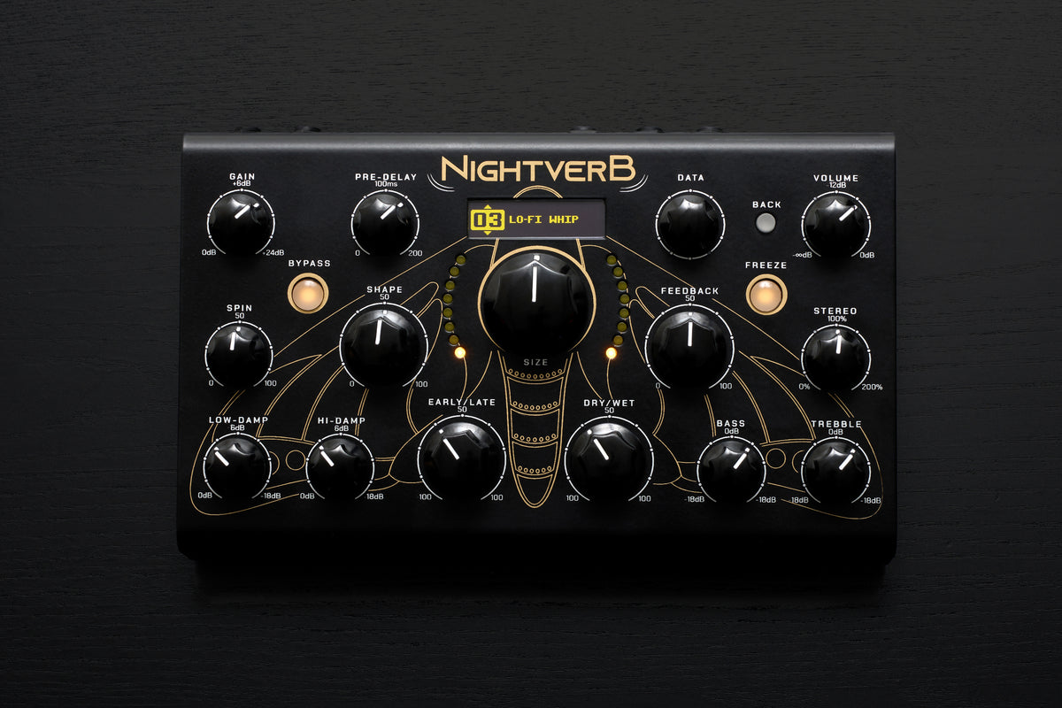 Erica Synths Nightverb effects pedal with control knobs and input/output jacks, used for guitar and audio processing.