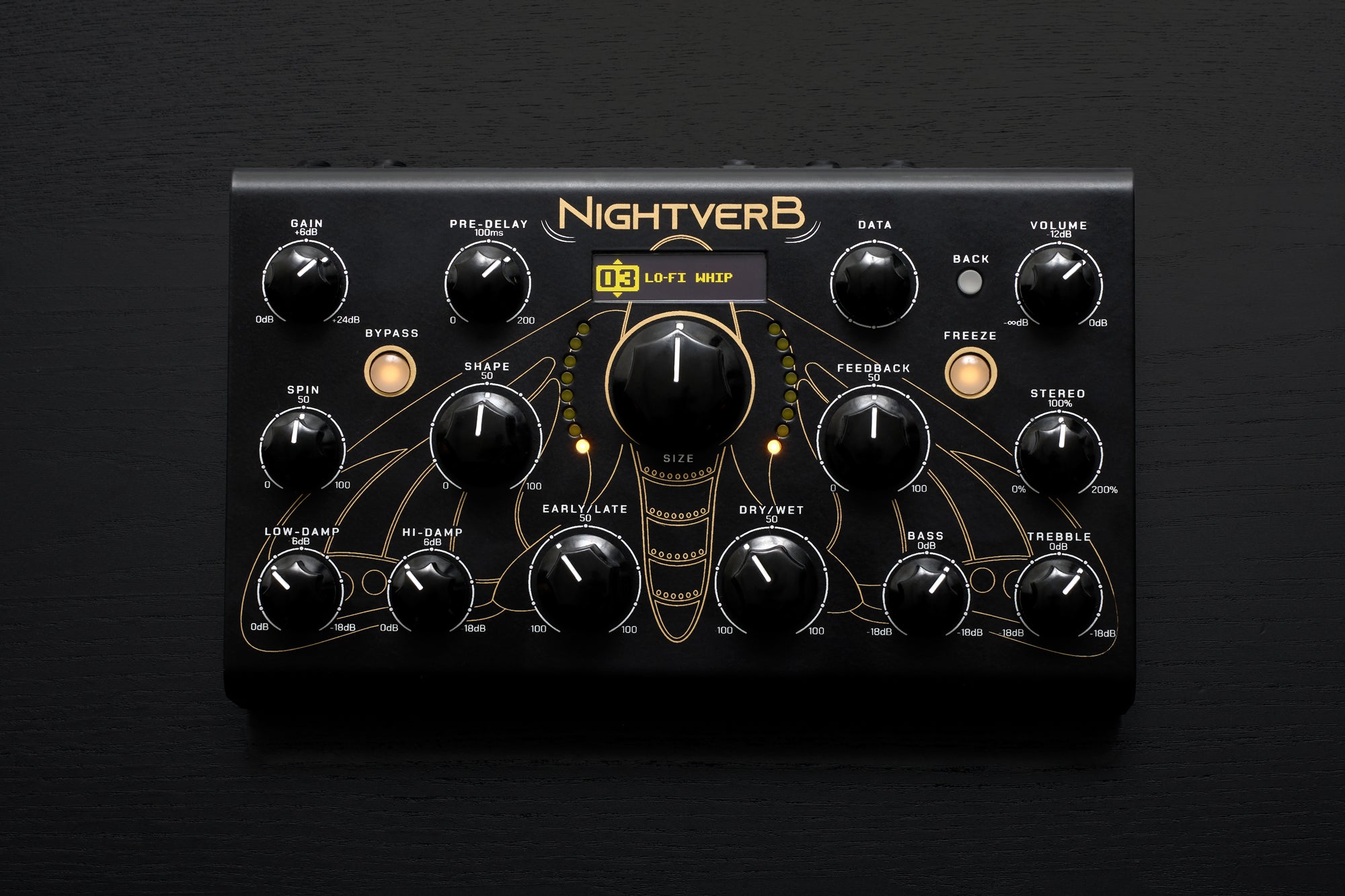 Erica Synths Nightverb effects pedal with control knobs and input/output jacks, used for guitar and audio processing.