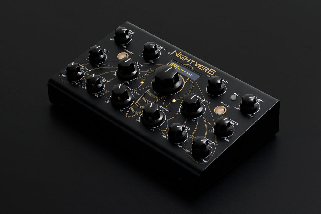 Erica Synths Nightverb effects pedal, showing its compact black design with control knobs and input/output jacks.