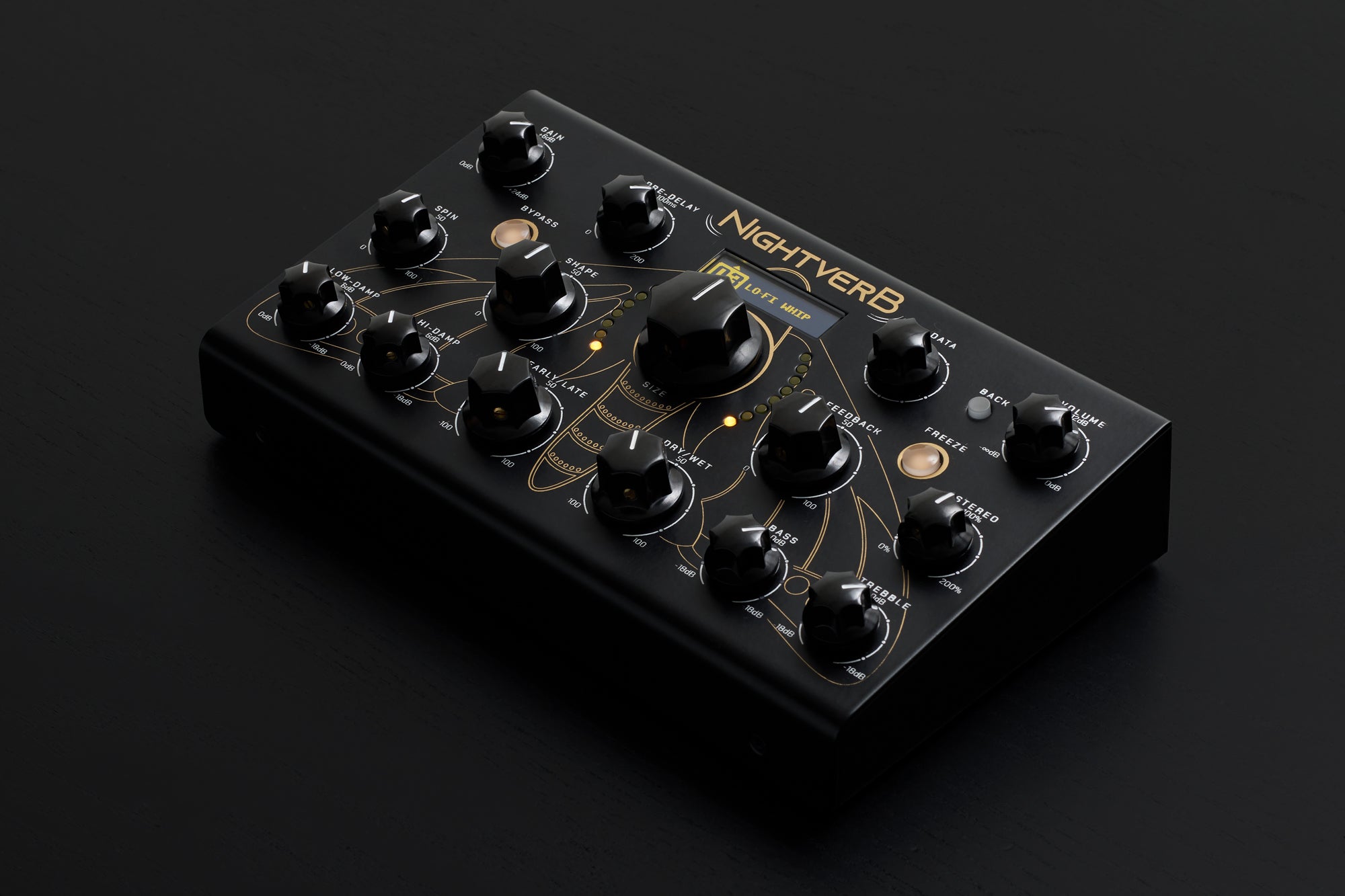 Erica Synths Nightverb effects pedal, showing its compact black design with control knobs and input/output jacks.