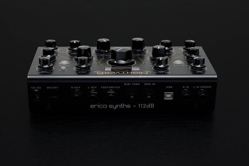 Erica Synths Nightverb effects pedal with dark wooden finish and control knobs, designed for guitar and audio effects.