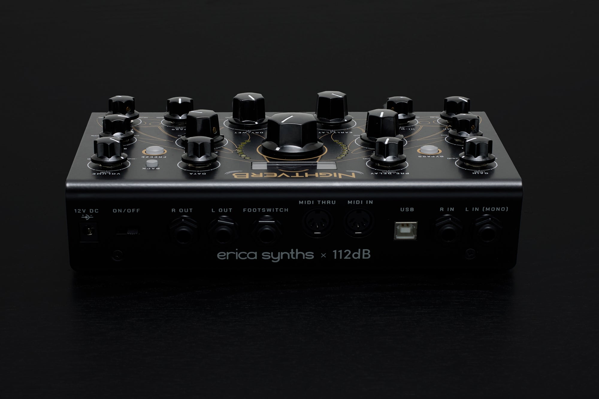 Erica Synths Nightverb effects pedal with dark wooden finish and control knobs, designed for guitar and audio effects.