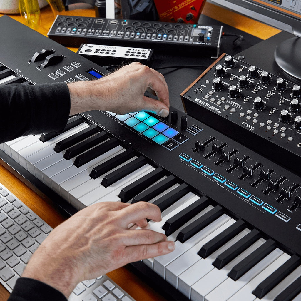 Novation Launchkey 88 MIDI keyboard with 88 keys, control knobs, and pads, designed for music production and live performance.
