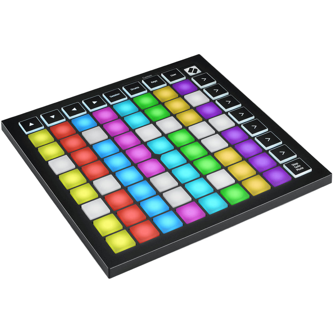 Novation Launchpad Mini MK3 MIDI controller with grid of colorful velocity-sensitive pads and compact design.