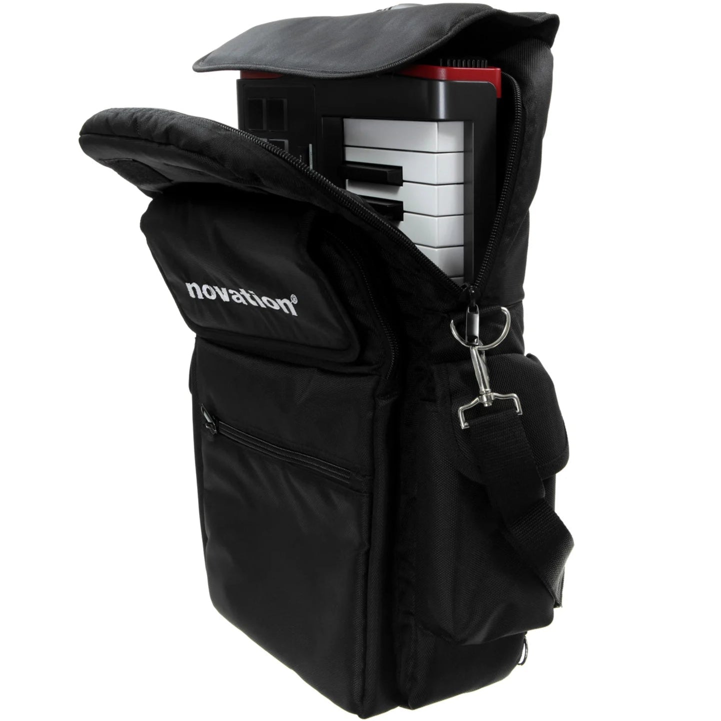 Novation Soft Bag (Small / 25-keys) keyboard gig bag, open with keyboard controller