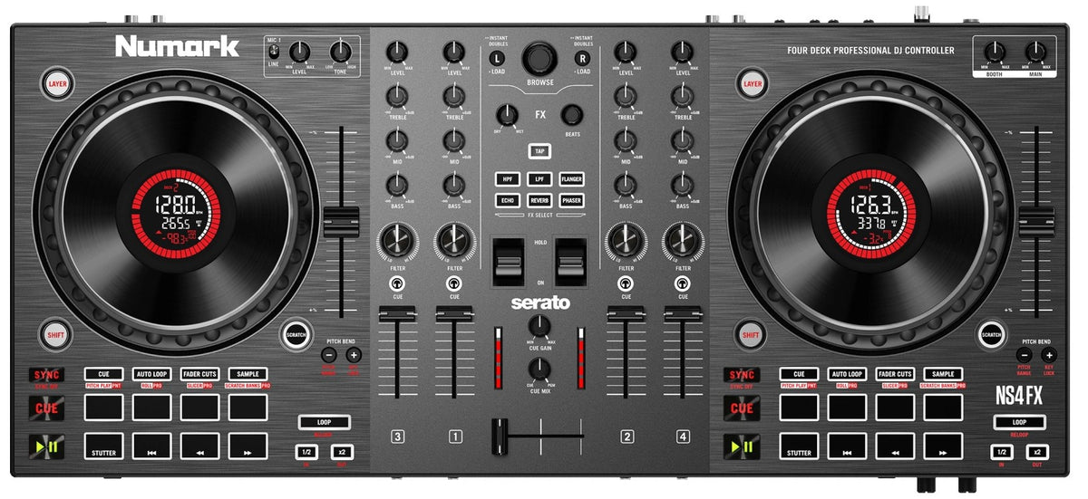 Top-down view of the Numark NS4FX DJ controller with multiple knobs, sliders, and performance pads for mixing and scratching.