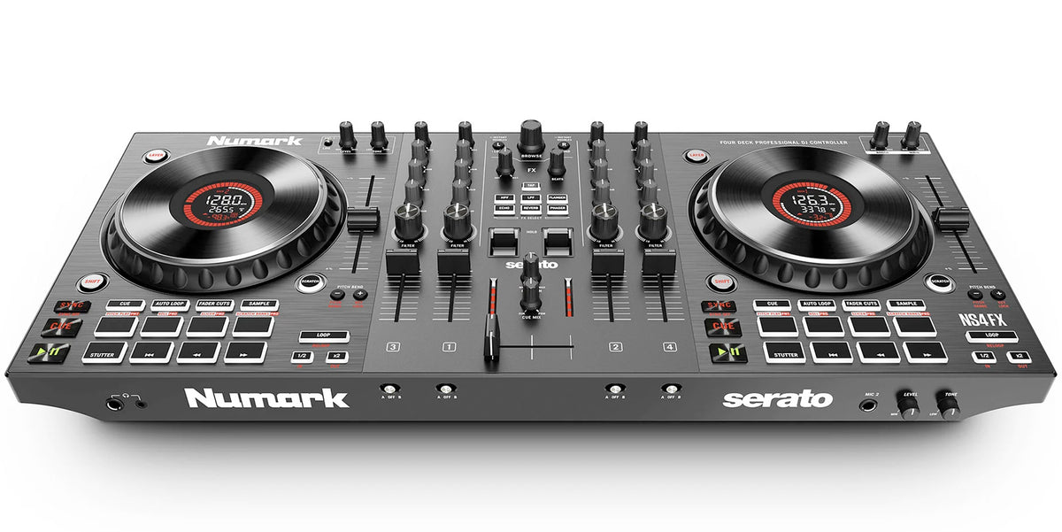 Numark NS4FX DJ controller showing top and front view with multiple control knobs, faders, and performance pads.