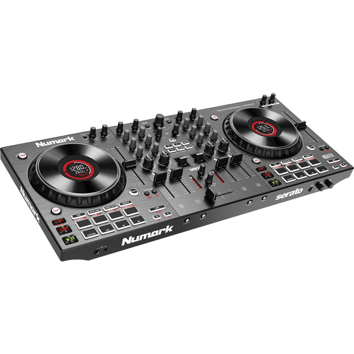 Numark NS4FX DJ controller with four channels, colorful knobs, and built-in effects for professional DJ mixing.