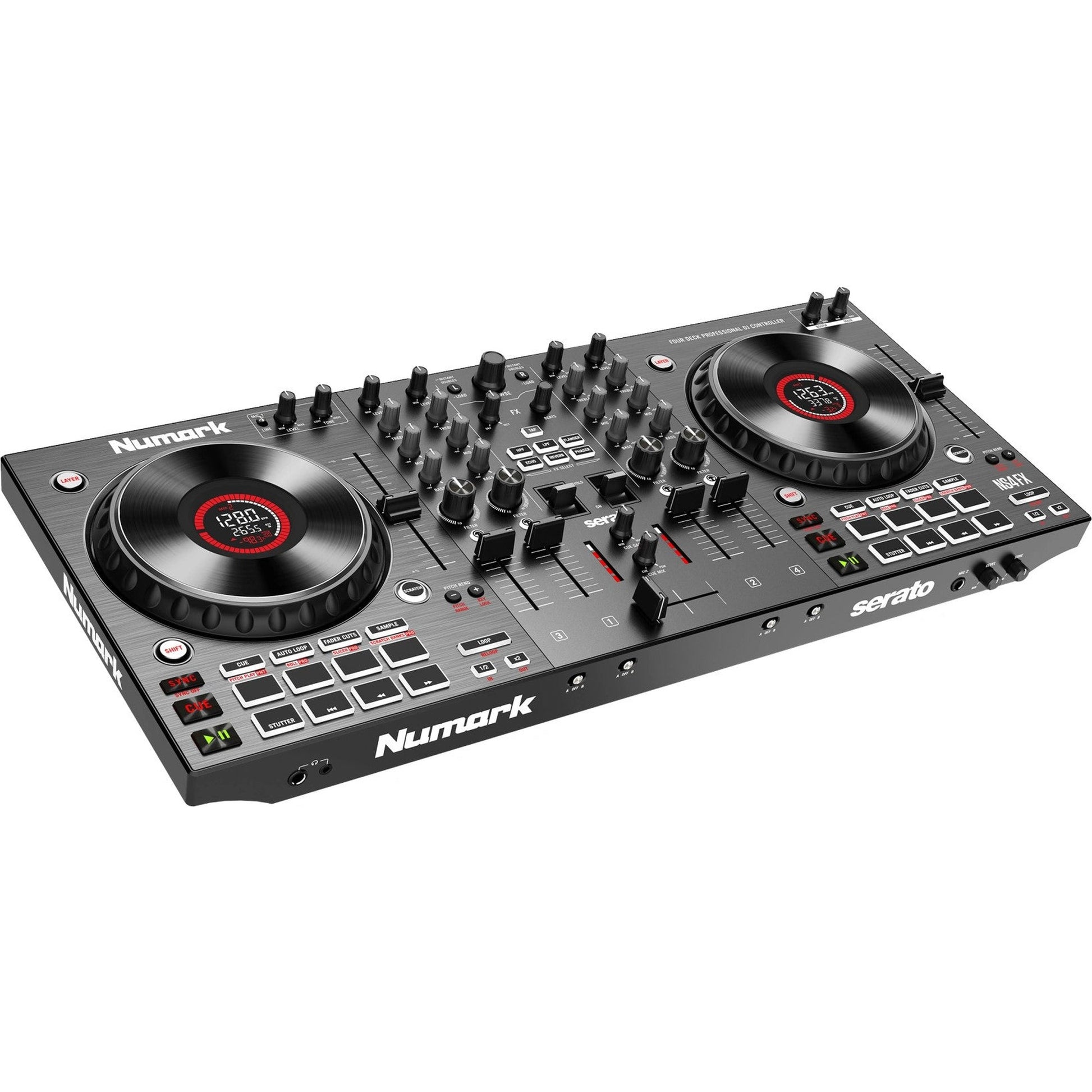 Numark NS4FX DJ controller with four channels, colorful knobs, and built-in effects for professional DJ mixing.