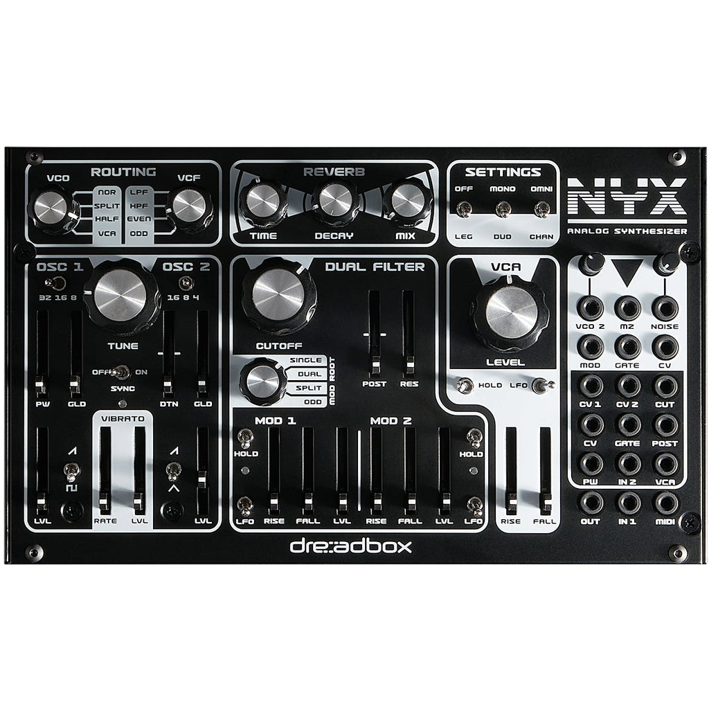 Dreadbox Nyx Re semi-modular synthesizer with front panel controls and patch points, featuring a sleek black design.