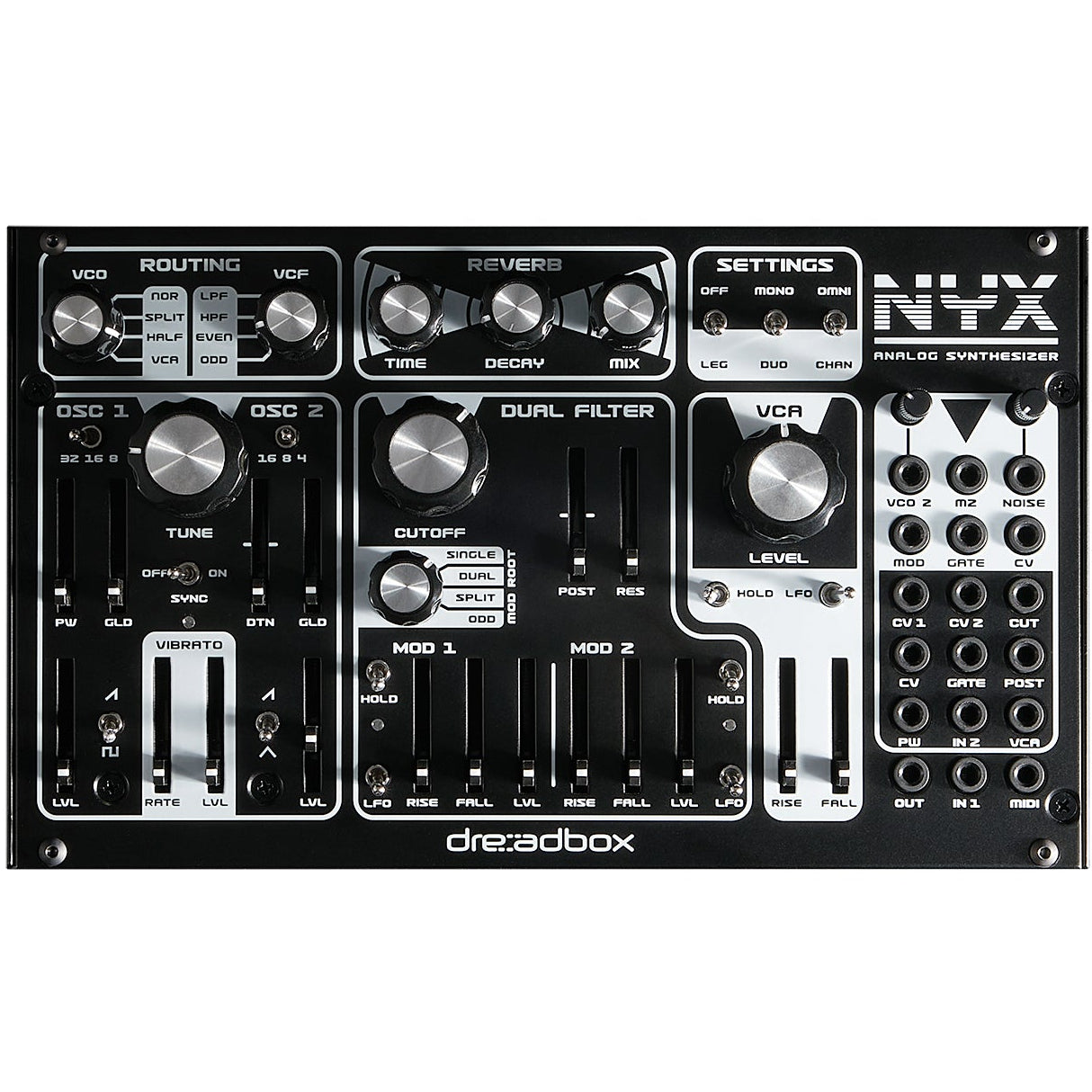Dreadbox Nyx Re semi-modular synthesizer with front panel controls and patch points, featuring a sleek black design.