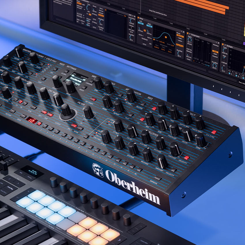 Oberheim TEO-5 Desktop Synthesizer with control knobs and display, compact electronic music instrument for studio and performance use