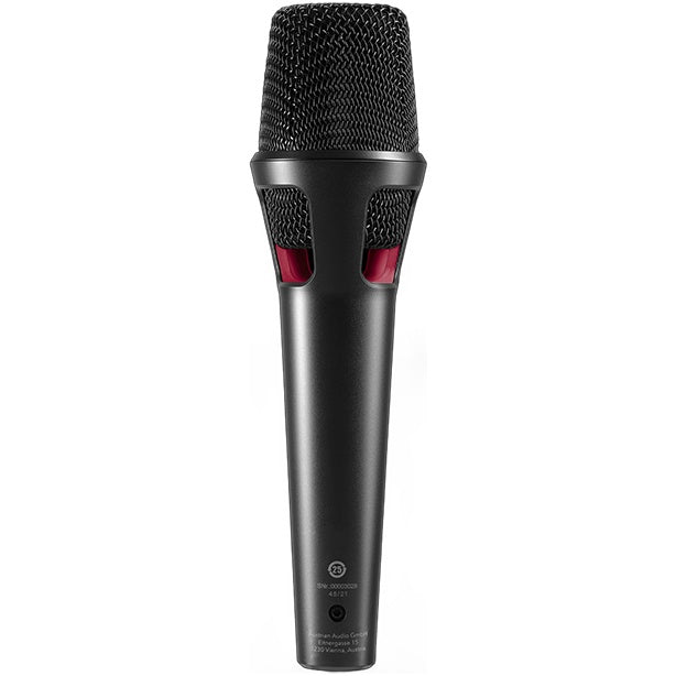 Austrian Audio OD303 dynamic microphone shown from the back, featuring a black body and metal grille for professional audio recording.