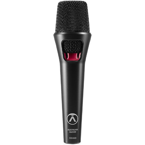 Austrian Audio OD303 dynamic microphone shown from the front, featuring a black grille and robust build for professional audio recording.