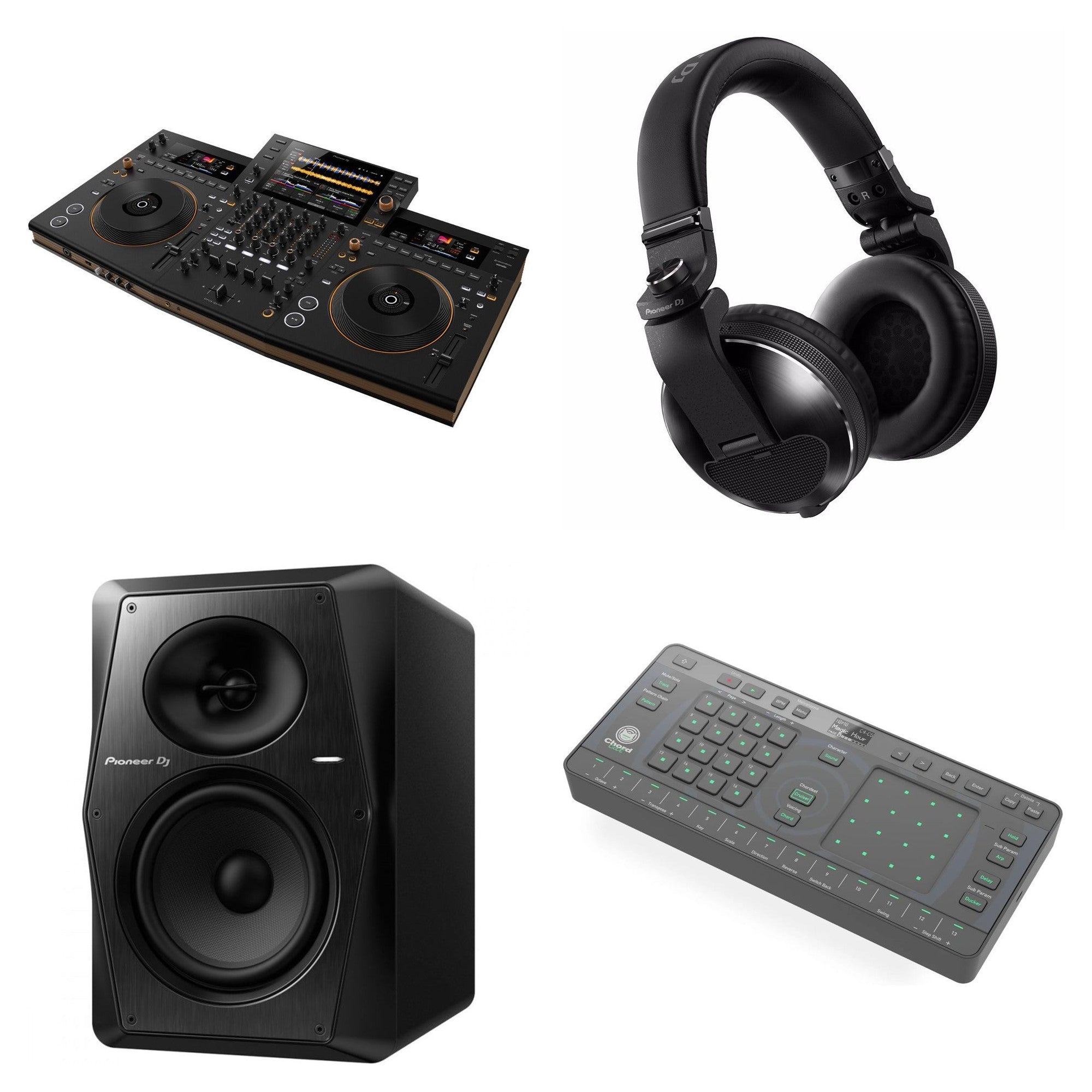 Pioneer DJ Opus-Quad Creative DJ bundle with multiple controllers and sound equipment for professional mixing and performance.