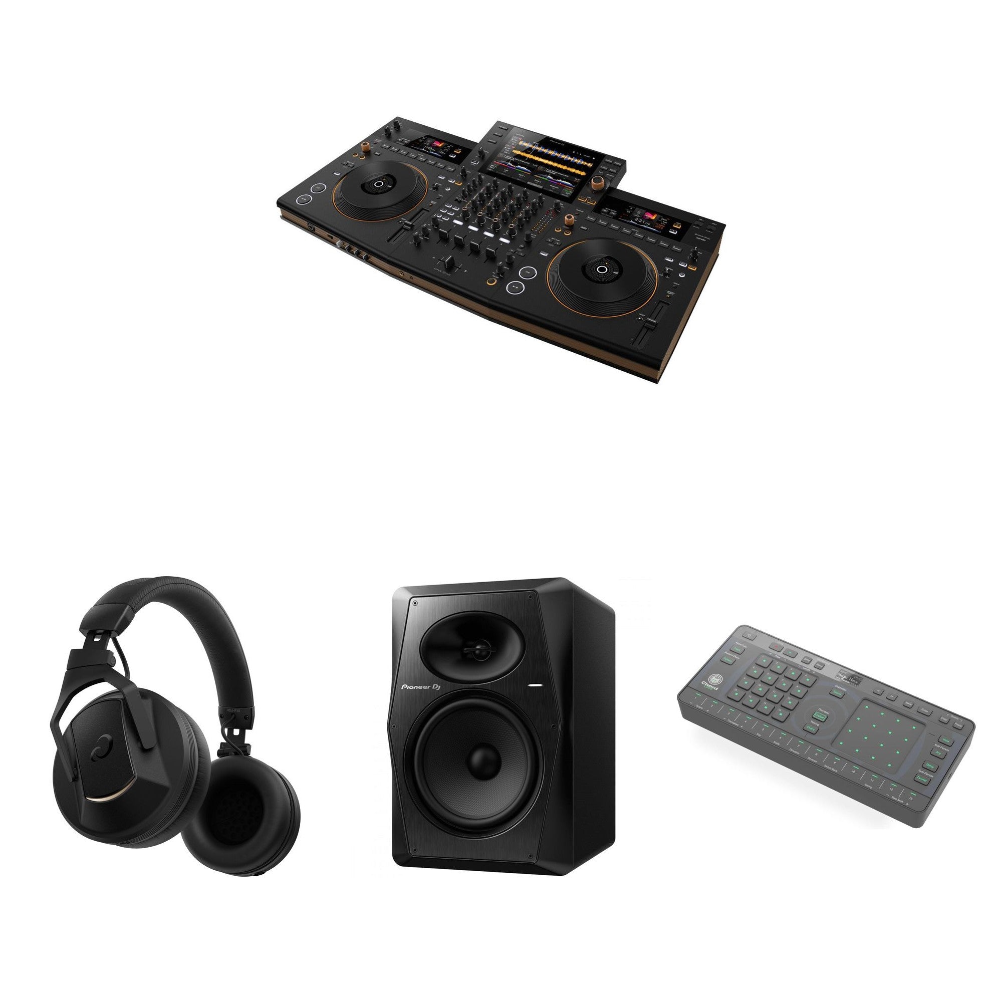 Pioneer DJ Opus-Quad Ultimate DJ bundle with DJ controllers, headphones, and accessories for professional mixing and performance.