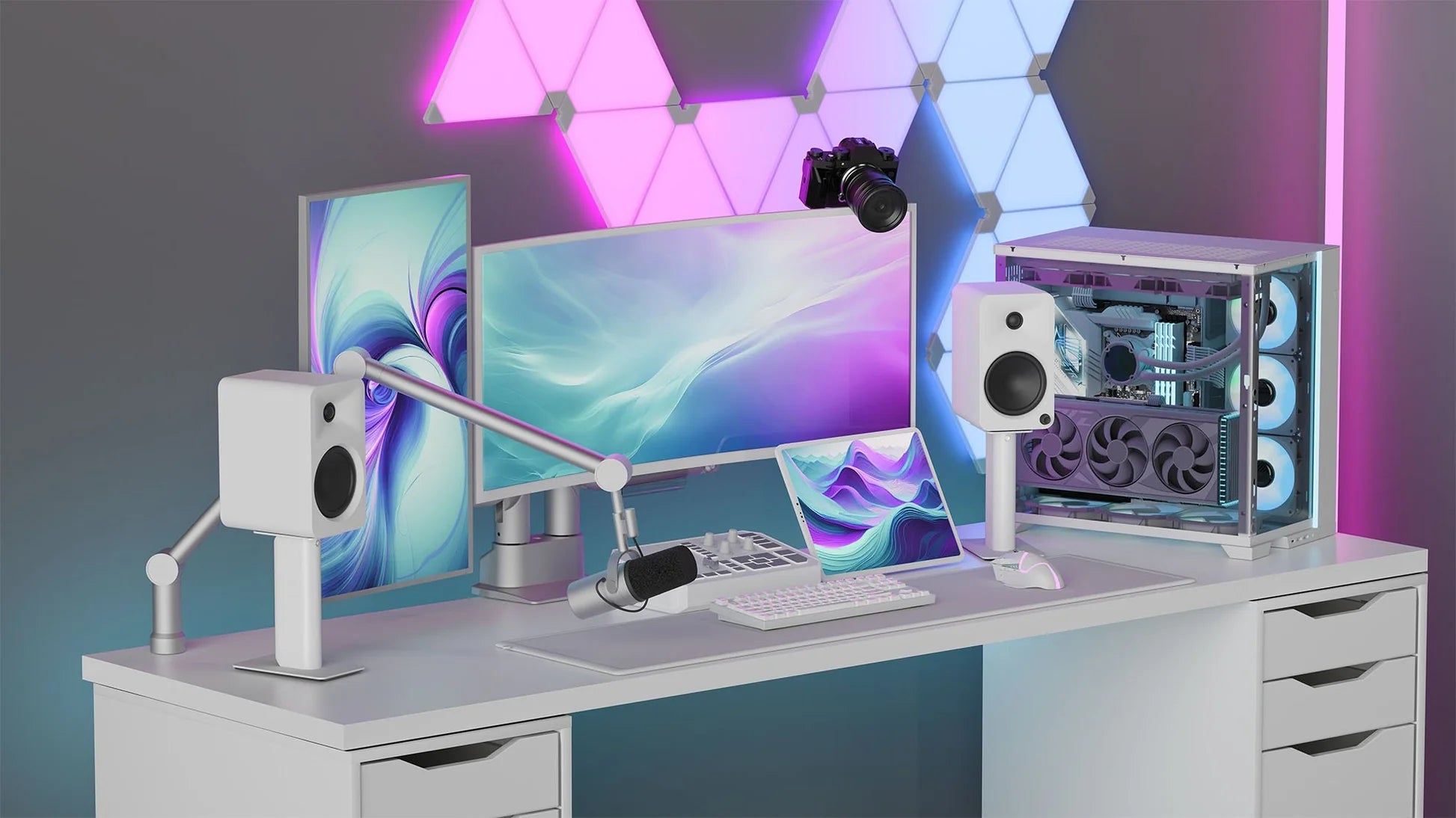 White Kanto Audio Ora 4 desktop speakers on a gaming setup with clean, modern design and sleek white finish.