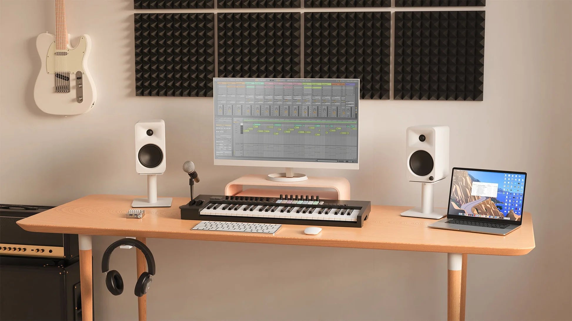Kanto Audio Ora 4 desktop speakers in musical white, shown in a sleek setup with modern design and clean white finish.