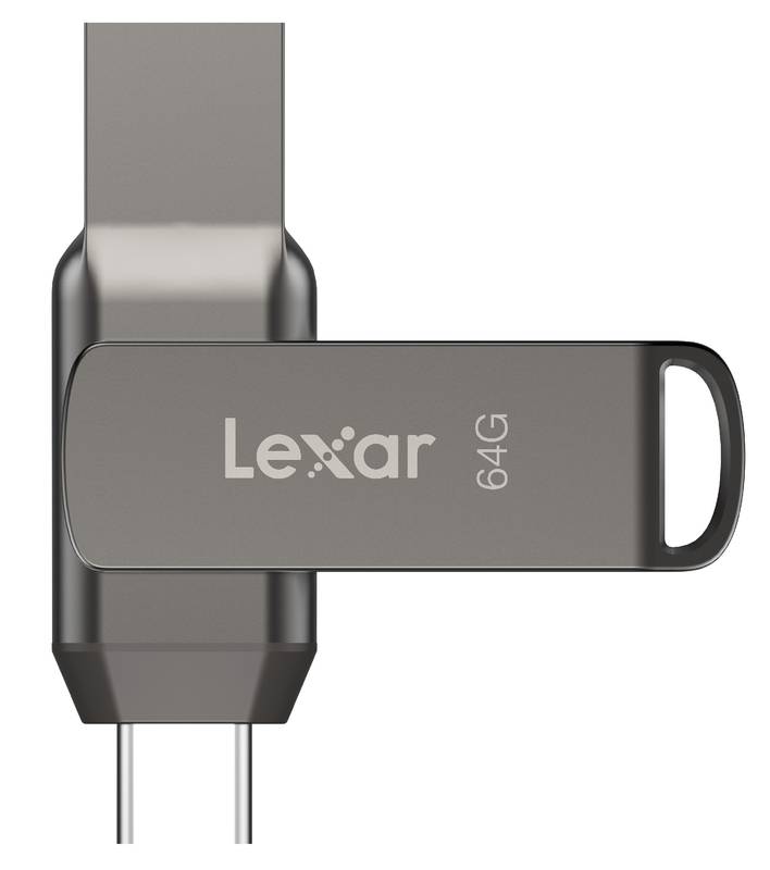 Lexar JumpDrive D400 USB 3.1 2-in-1 flash drive showing dual ports and sleek design for fast data transfer.