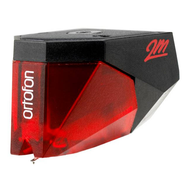 Ortofon 2M Red turntable cartridge with stylus, black body and red branding, designed for high-quality vinyl playback.