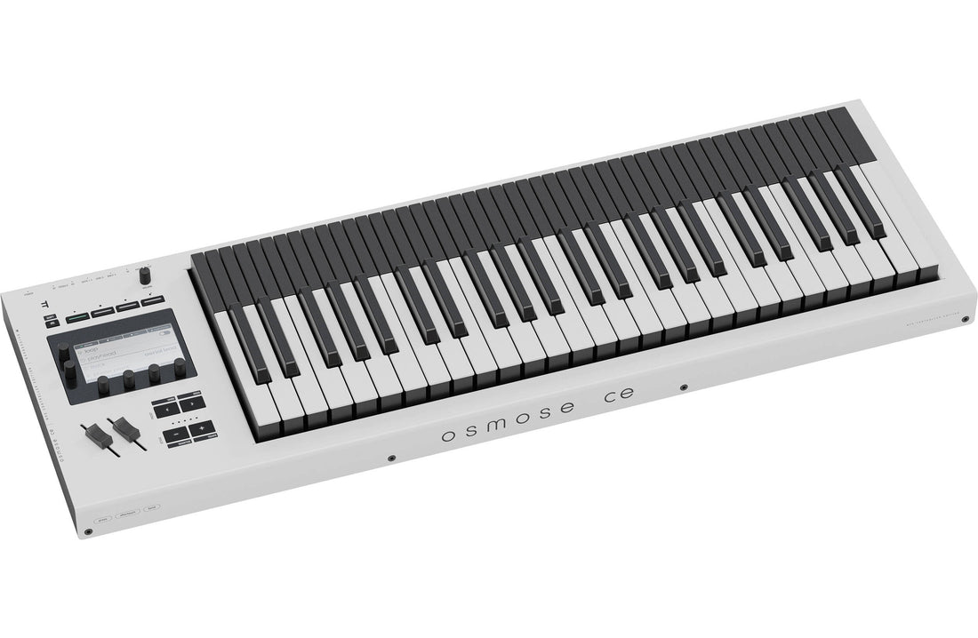 Expressive E Osmose CE 49 MIDI keyboard with expressive keys and white finish, shown from a 3/4 angle