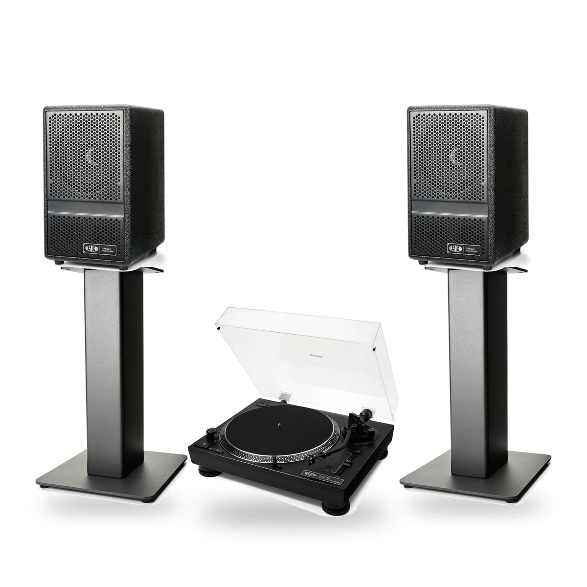Vestlyd Vinyl Setup: Pro T1 turntable in Black with M6C Active speakers in Black on M-Stands