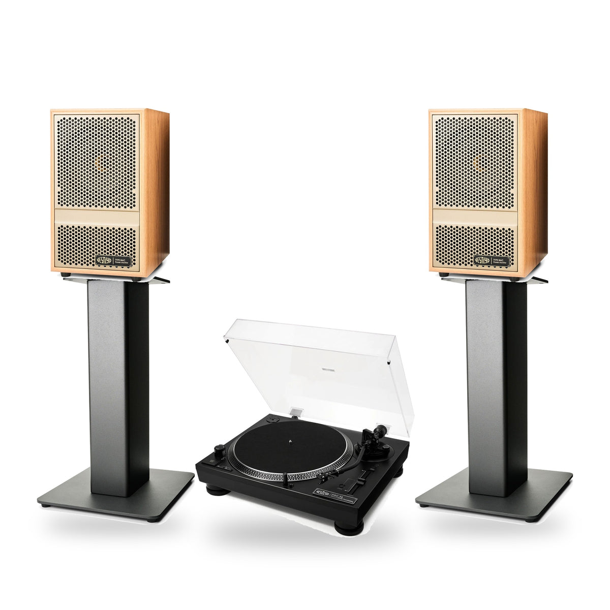 Vestlyd Vinyl Setup: Pro T1 turntable in Black with M6C Active speakers in Oak on M-Stands