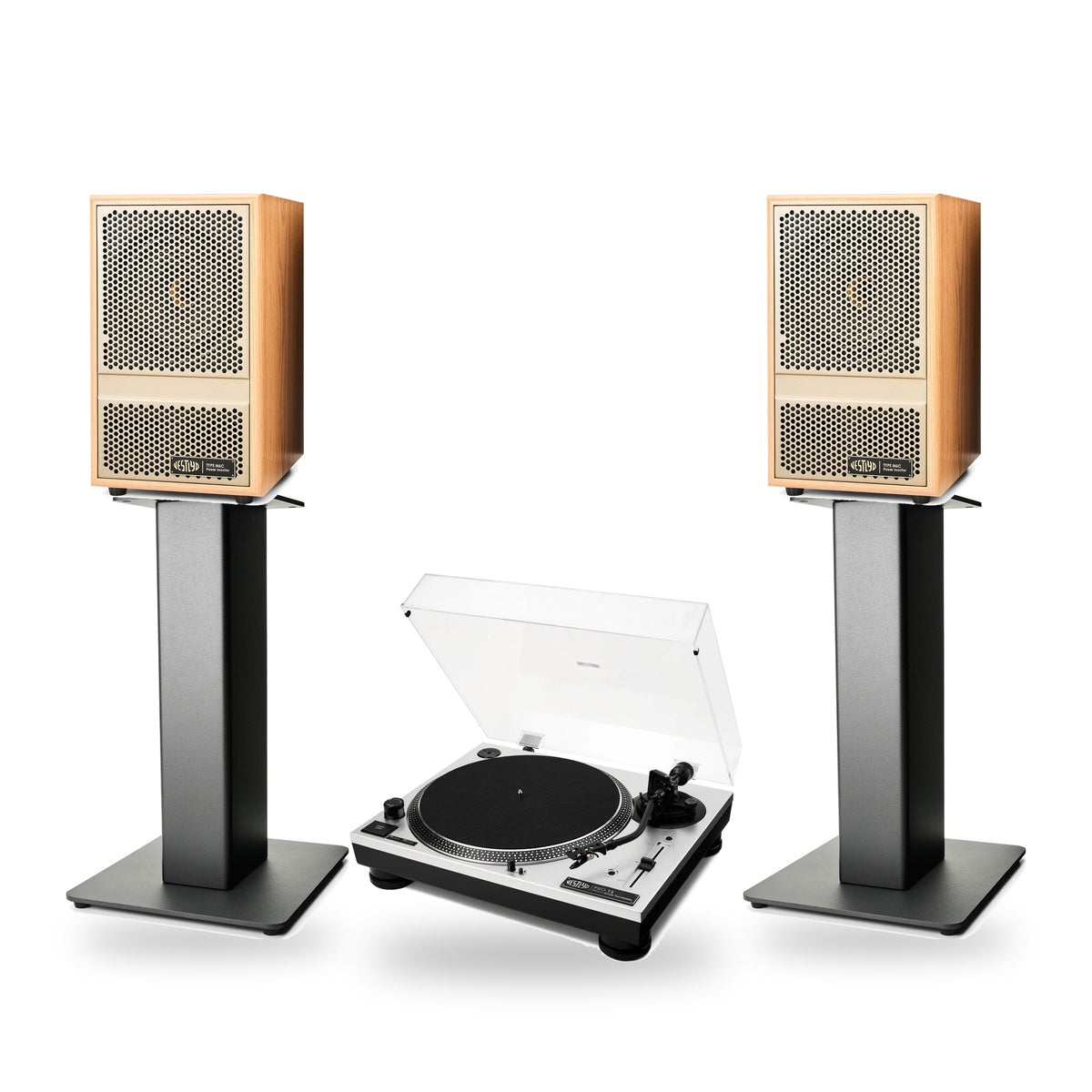 Vestlyd Vinyl Setup: Pro T1 turntable in Silver with M6C Active speakers in Oak on M-Stands