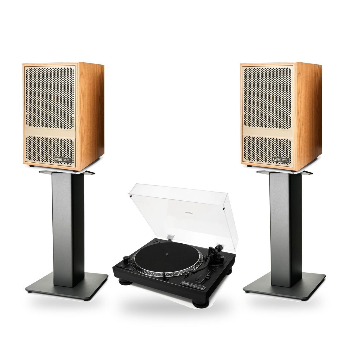 Vestlyd Vinyl Setup: Pro T1 turntable in Black with M8C Active speakers in Oak on M-Stands