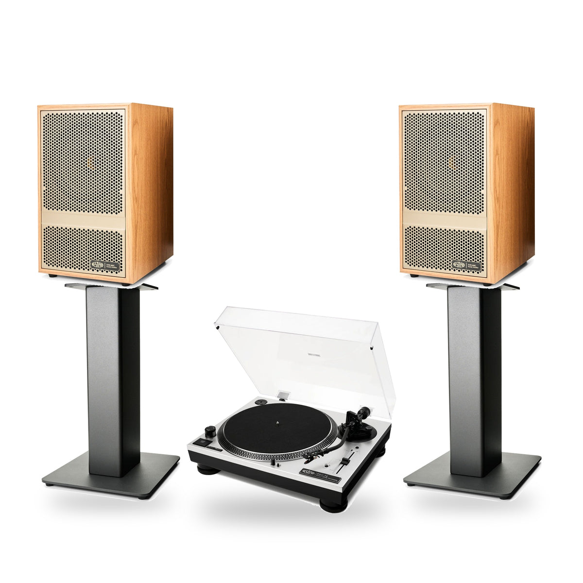 Vestlyd Vinyl Setup: Pro T1 turntable in Silver with M8C Active speakers in Oak on M-Stands