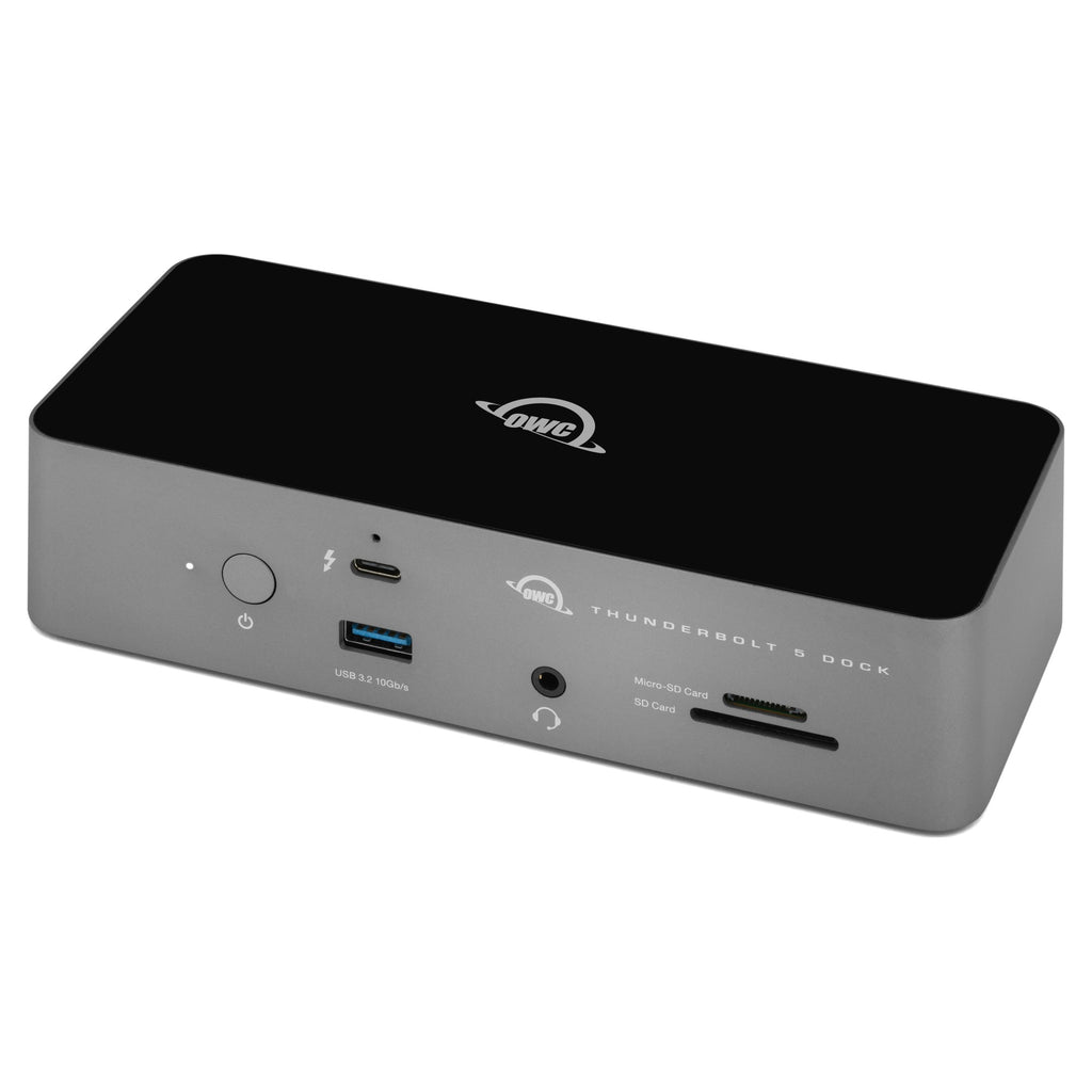 OWC Thunderbolt 5 Dock, front view from the left