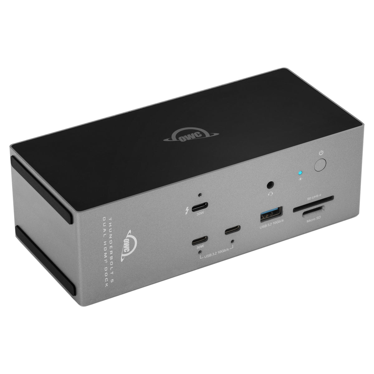 OWC Thunderbolt 5 Dock with Dual HDMI, front right three-quarter view with SD and microSD slots