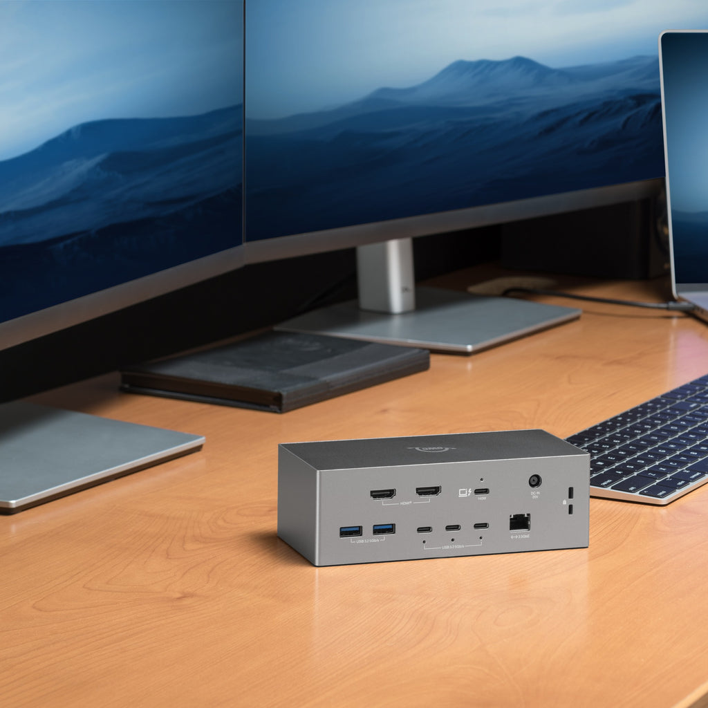 OWC Thunderbolt 5 Dock with Dual HDMI, lying horizontally on a desk
