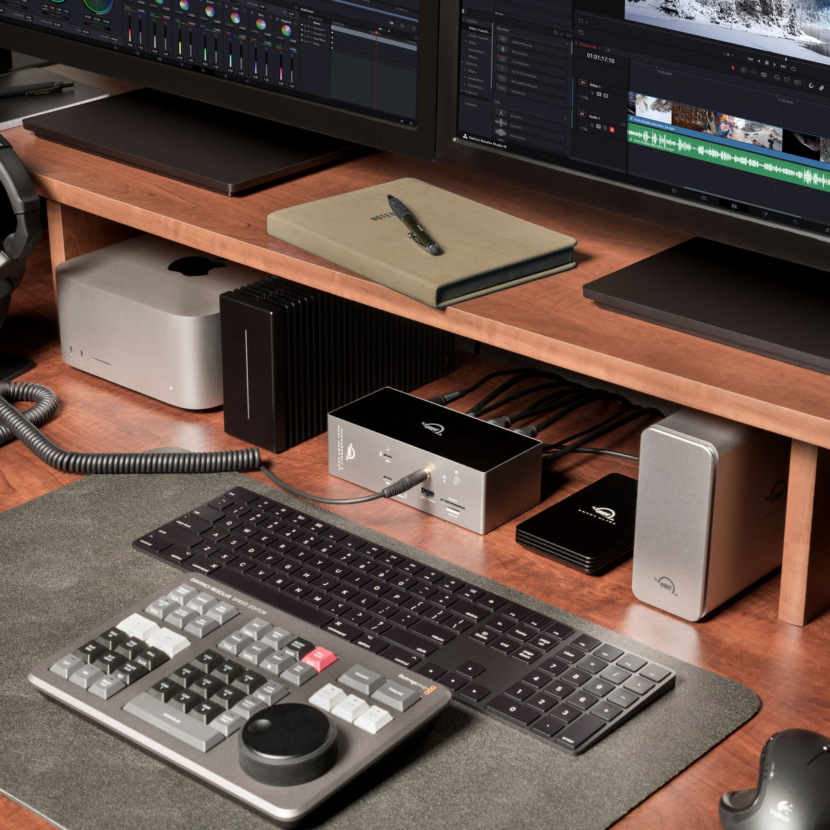 OWC Thunderbolt 5 Dock with Dual HDMI, in a video editing workstation setup