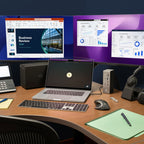 OWC Thunderbolt 5 Dock with Dual HDMI, powering a laptop and two displays in an office setup