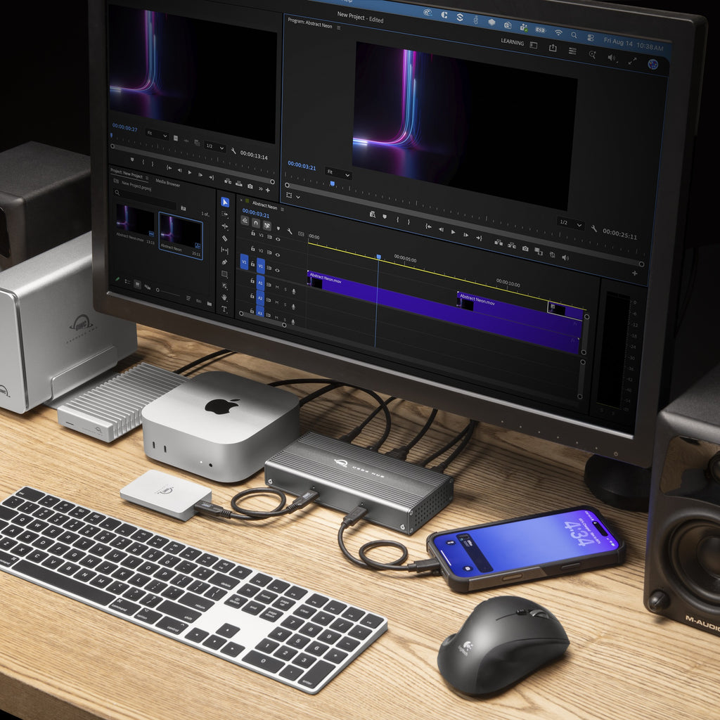 OWC USB4 Hub, on a creative desk with Mac mini, display and drives