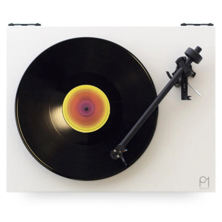 Rega Planar 1 turntable with matte white finish, featuring a sleek design and tonearm for high-quality vinyl playback.