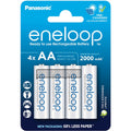 Panasonic Eneloop AA rechargeable batteries, 2000mAh, set of four, with silver and black design and positive/negative terminals visible.
