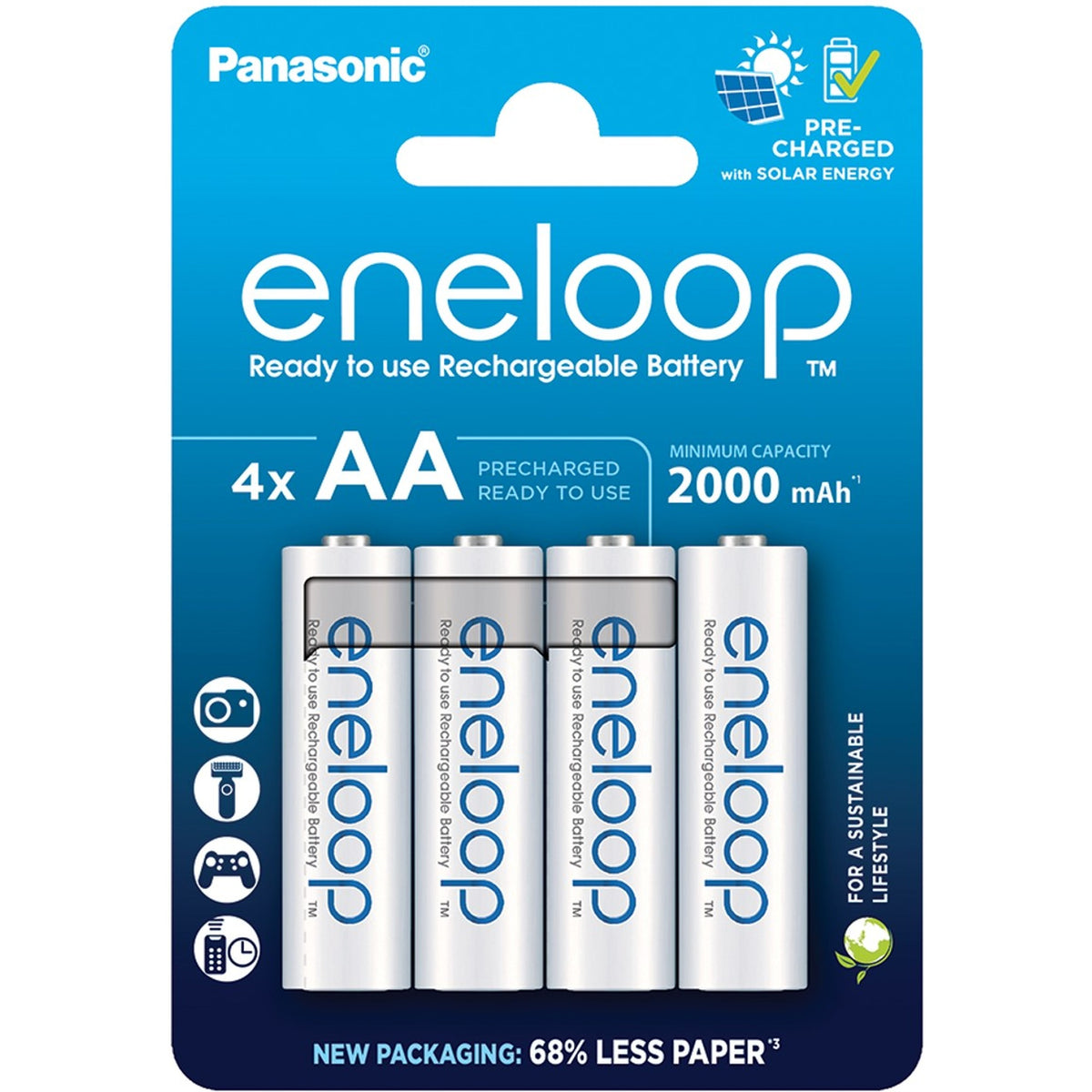 Panasonic Eneloop AA rechargeable batteries, 2000mAh, set of four, with silver and black design and positive/negative terminals visible.